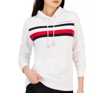 Tommy Hilfiger front pocket logo hooded sweatshirt white